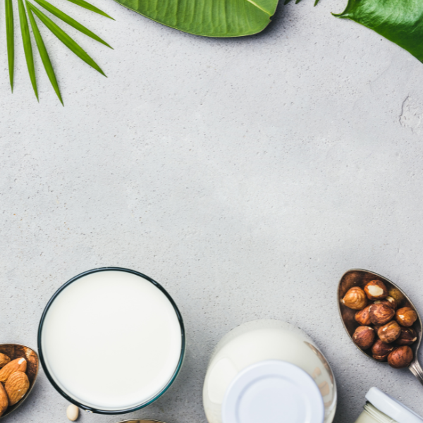 coconuts, plant-based ingredients, cashews, oats, almonds, vegan milk, vegan mylk